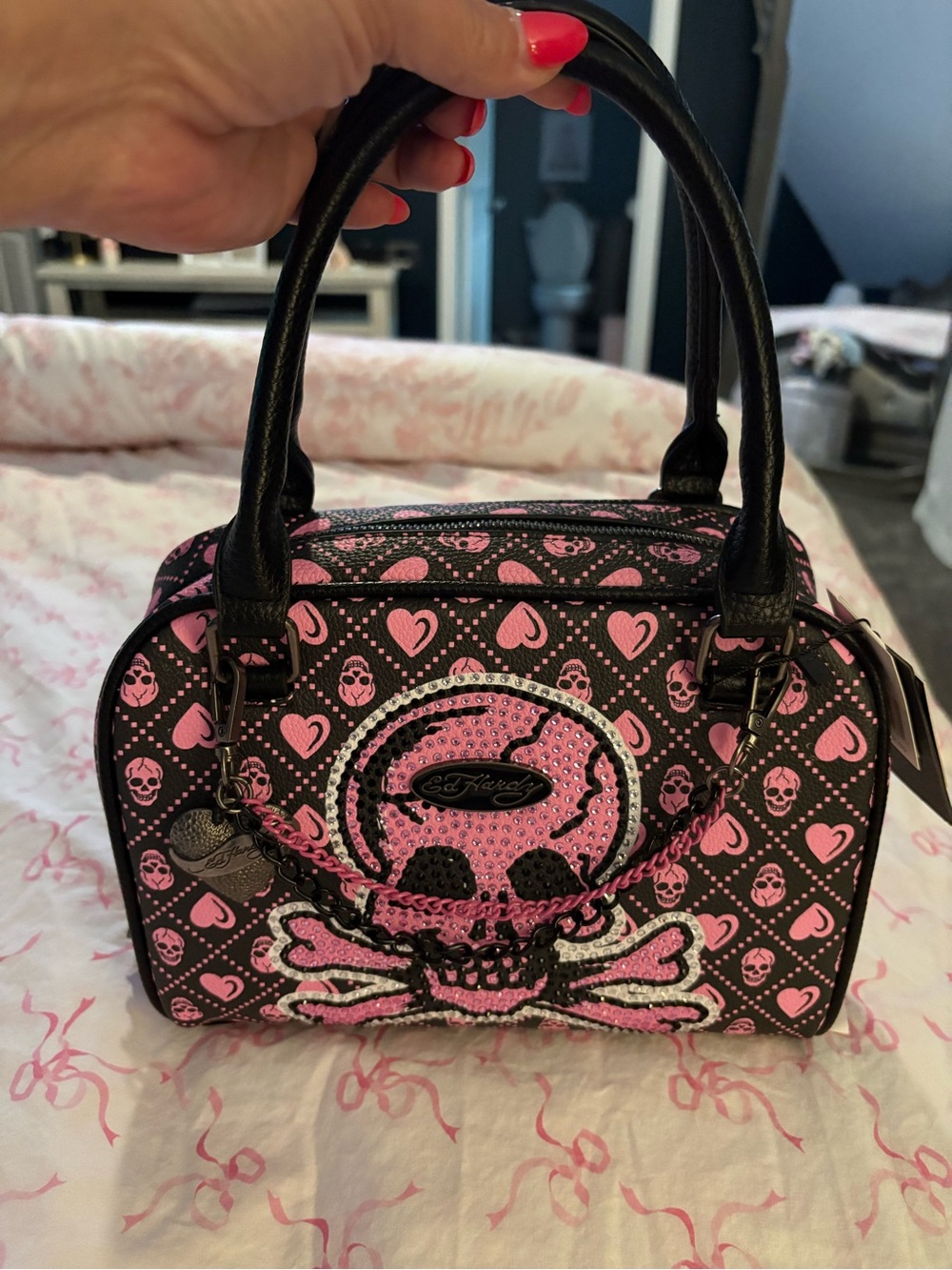 Ed Hardy Black & Pink Crystal Skull Mini Satchel